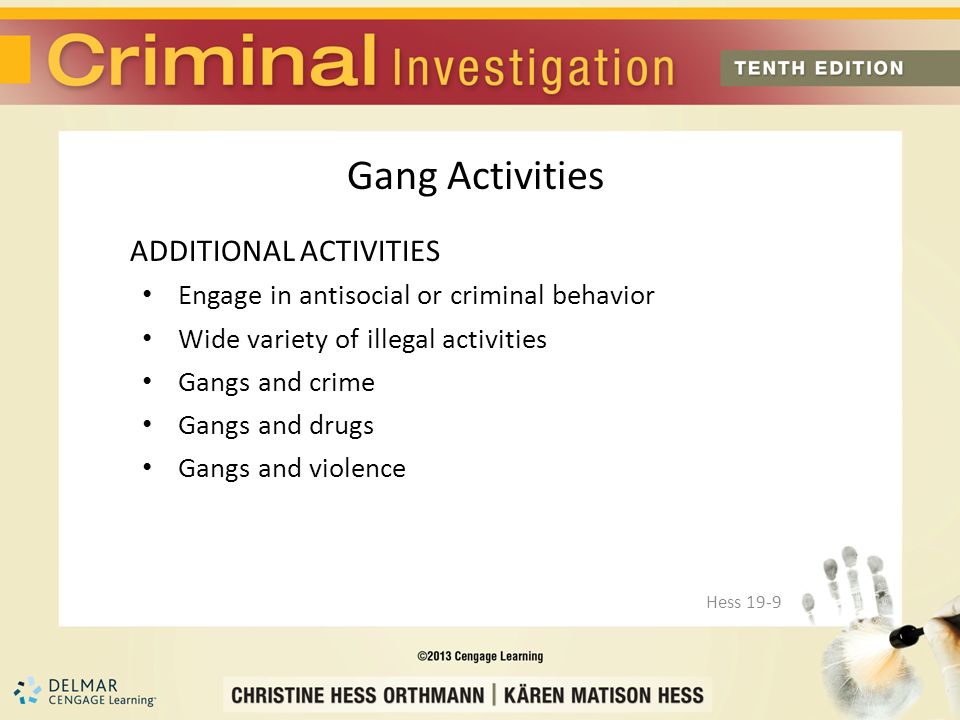ADDITIONAL ACTIVITIES Engage in antisocial or criminal behavior Wide variety of illegal activities Gangs and crime Gangs and drugs Gangs and violence Hess 19-9 Gang Activities