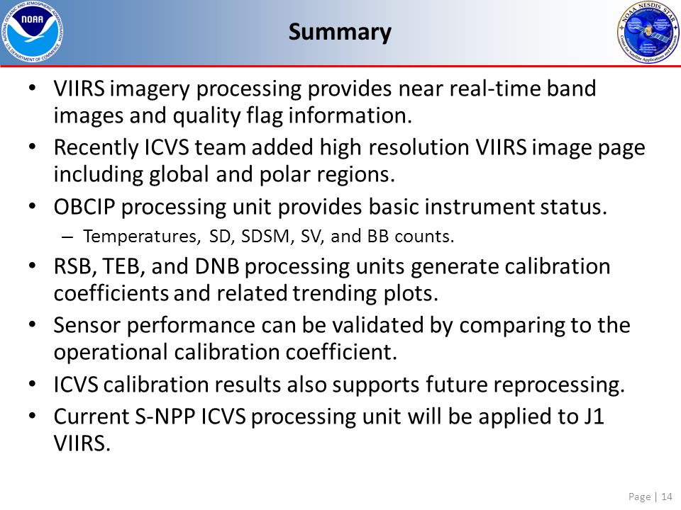 Summary VIIRS imagery processing provides near real-time band images and quality flag information.