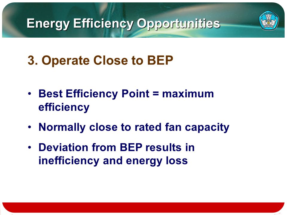 Energy Efficiency Opportunities Best Efficiency Point = maximum efficiency Normally close to rated fan capacity Deviation from BEP results in inefficiency and energy loss 3.