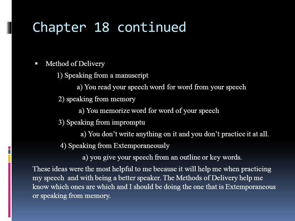 Hannah Peek Most Useful Information From Chapter 18 Qualities Of Effective Delivery 1 Try To Be Natural A Memorize Your Speech And Don T Say It Word Ppt Download Hannah Peek Most Useful Information From Chapter 18 Qualities Of Effective Delivery 1 Try To Be Natural A Memorize Your Speech And Don T Say It Word Ppt Download
