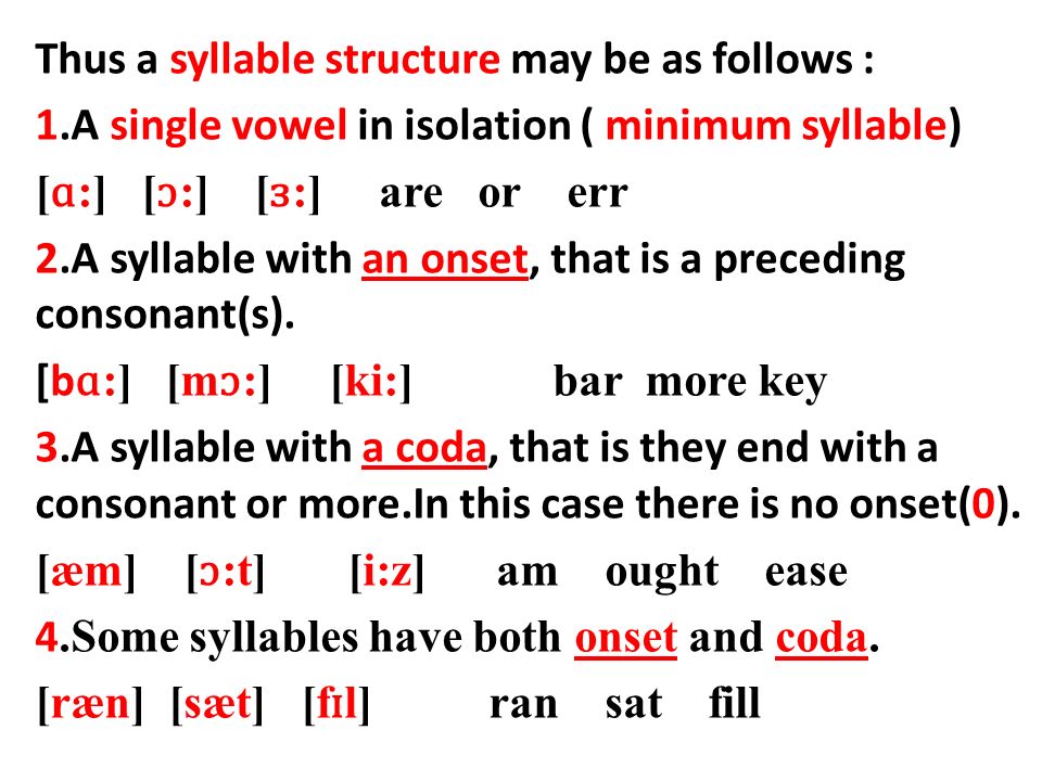Thus a syllable structure may be as follows : 1.A single vowel in isolation ( minimum syllable) [ ɑ :] [ ɔ :] [ ɜ :] are or err 2.A syllable with an onset, that is a preceding consonant(s).