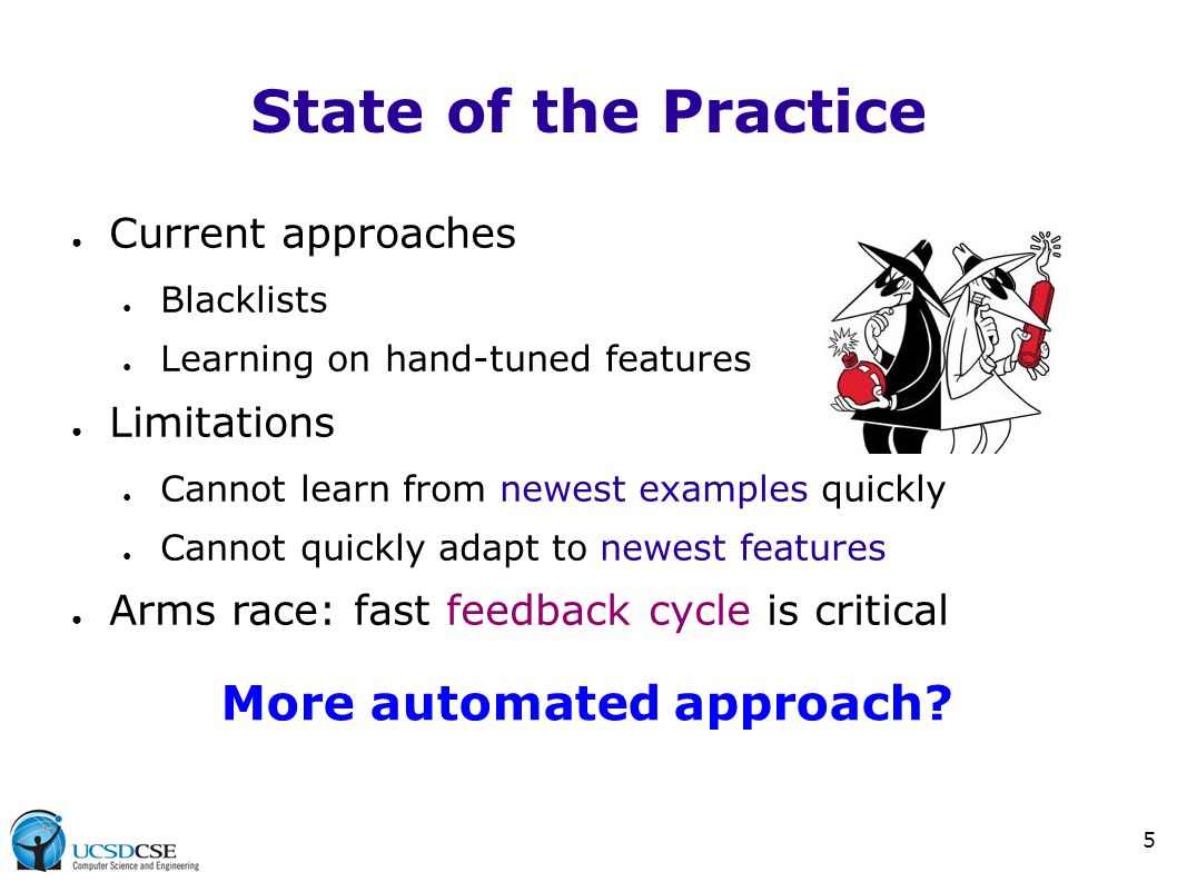 5 State of the Practice ● Current approaches ● Blacklists ● Learning on hand-tuned features ● Limitations ● Cannot learn from newest examples quickly ● Cannot quickly adapt to newest features ● Arms race: fast feedback cycle is critical More automated approach