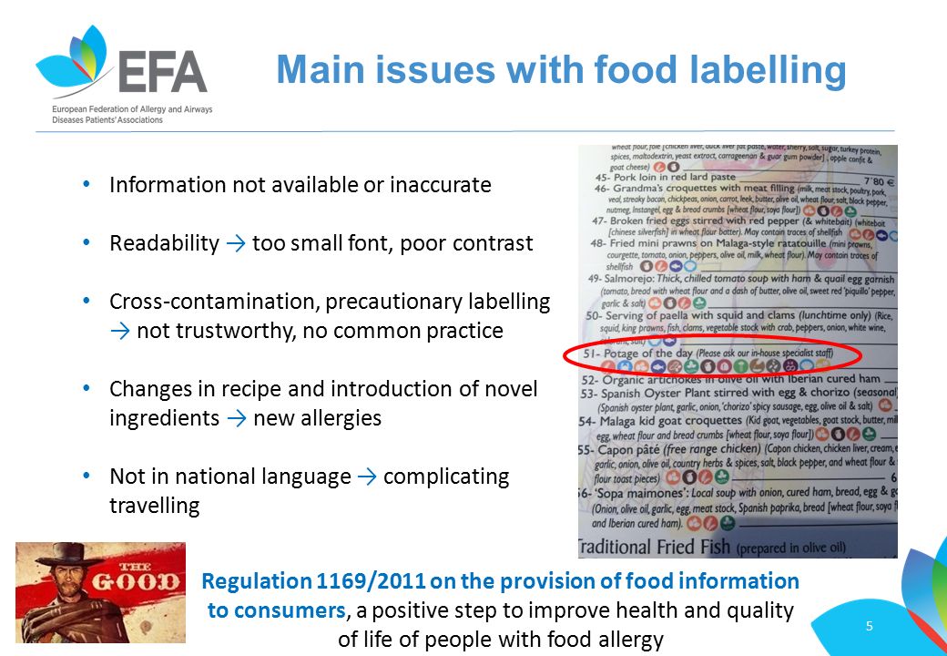 Main issues with food labelling 5 Information not available or inaccurate Readability → too small font, poor contrast Cross-contamination, precautionary labelling → not trustworthy, no common practice Changes in recipe and introduction of novel ingredients → new allergies Not in national language → complicating travelling Regulation 1169/2011 on the provision of food information to consumers, a positive step to improve health and quality of life of people with food allergy