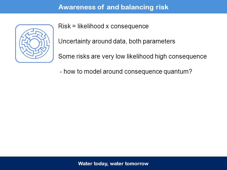 Awareness of and balancing risk Risk = likelihood x consequence Uncertainty around data, both parameters Some risks are very low likelihood high consequence - how to model around consequence quantum.