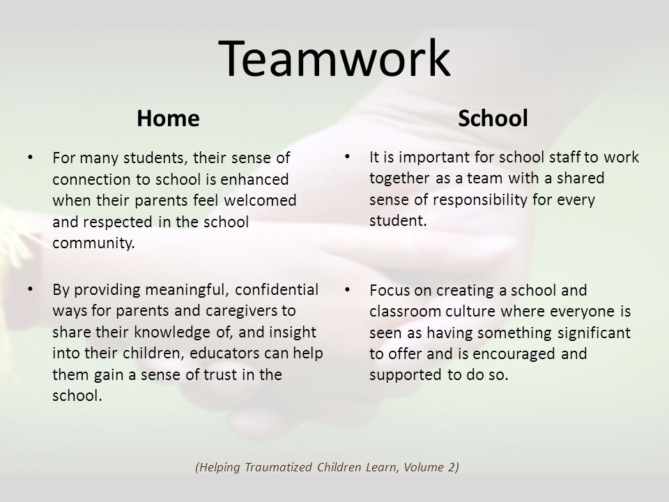 Teamwork For many students, their sense of connection to school is enhanced when their parents feel welcomed and respected in the school community.
