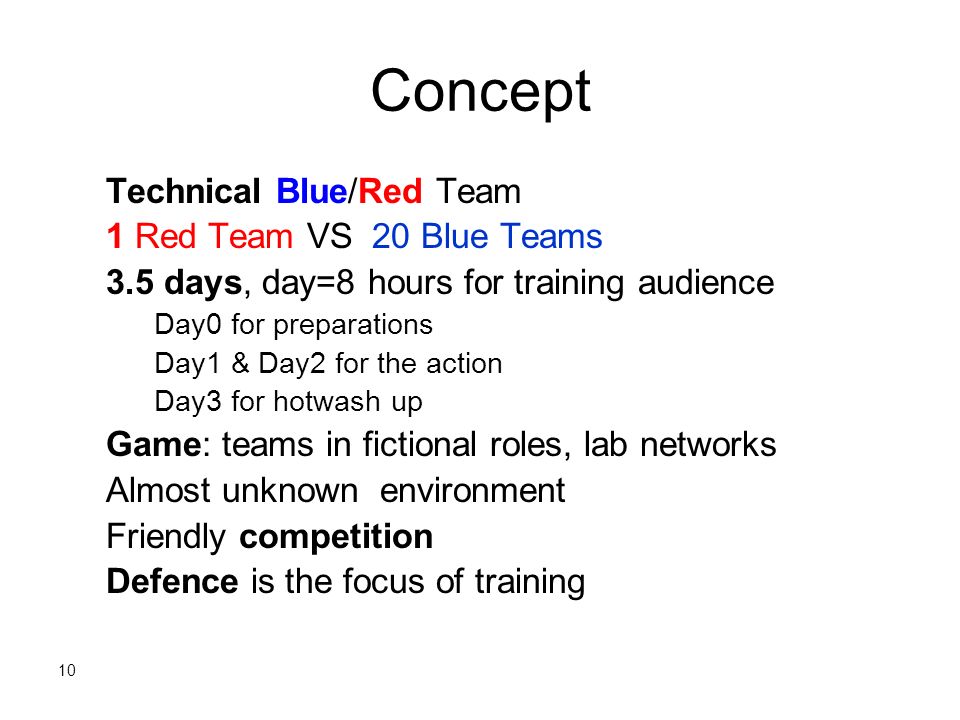 Concept Technical Blue/Red Team 1 Red Team VS 20 Blue Teams 3.5 days, day=8 hours for training audience Day0 for preparations Day1 & Day2 for the action Day3 for hotwash up Game: teams in fictional roles, lab networks Almost unknown environment Friendly competition Defence is the focus of training 10
