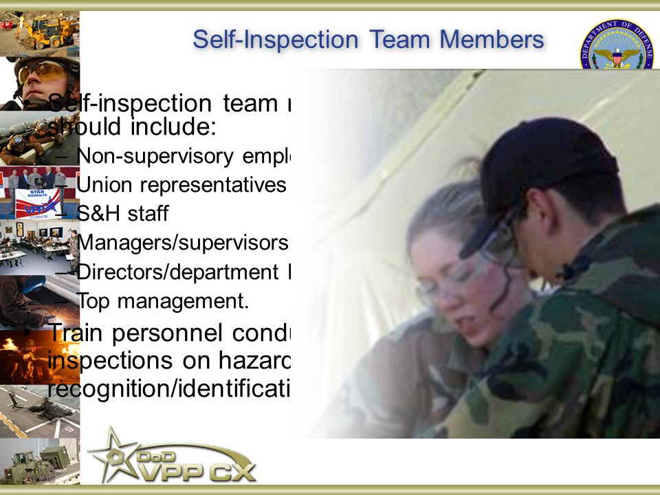 Self-Inspection Team Members Self-inspection team members should include: –Non-supervisory employees –Union representatives –S&H staff –Managers/supervisors –Directors/department heads –Top management.