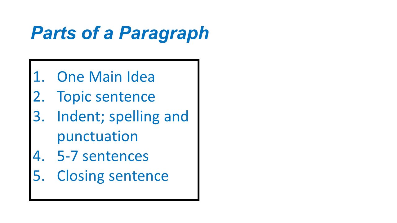 The Paragraph. Parts of a Paragraph 1.One Main Idea 2.Topic sentence 3 ...