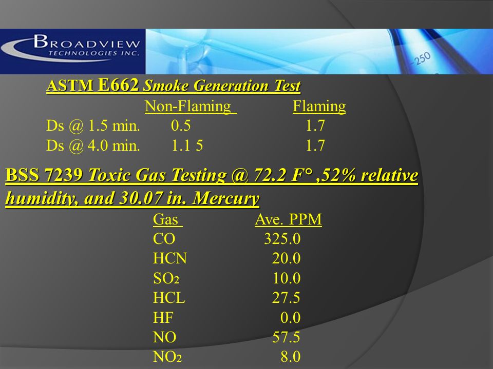 ASTM E662 Smoke Generation Test Non-Flaming Flaming 1.5 min.