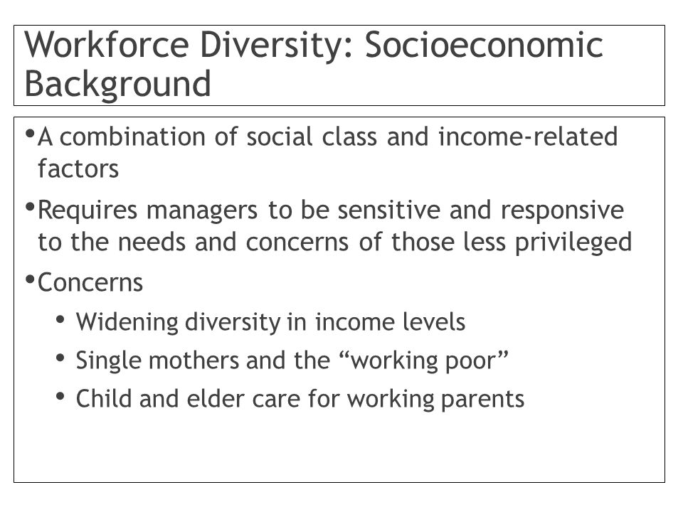 Workforce Diversity: Socioeconomic Background A combination of social class and income-related factors Requires managers to be sensitive and responsive to the needs and concerns of those less privileged Concerns Widening diversity in income levels Single mothers and the working poor Child and elder care for working parents