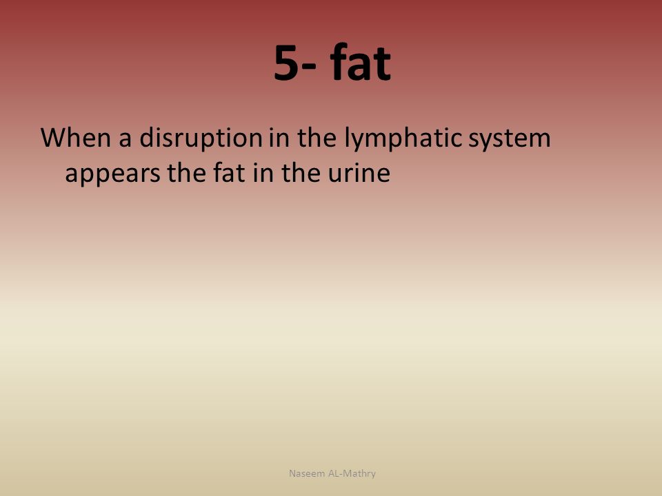 5- fat When a disruption in the lymphatic system appears the fat in the urine Naseem AL-Mathry