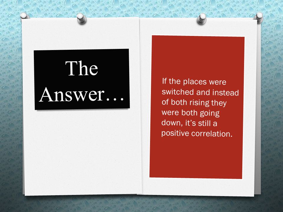 The Answer… O If the places were switched and instead of both rising they were both going down, it’s still a positive correlation.
