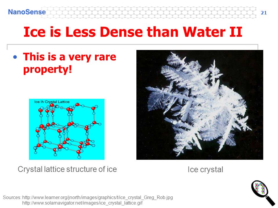 20 Ice is Less Dense than Water I Density of H 2 O at different temperatures Temperature o C Density g/cm 3 0 (solid) (liquid) (gas) Source: