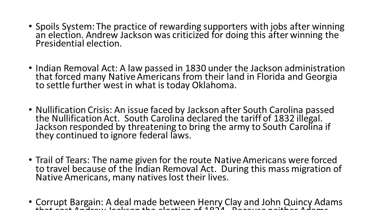 Andrew Jackson Vocabulary Spoils System The Practice Of Rewarding