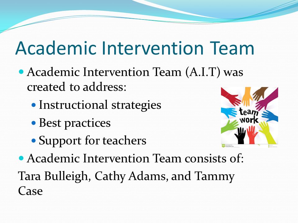 Academic Intervention Team Academic Intervention Team (A.I.T) was created to address: Instructional strategies Best practices Support for teachers Academic Intervention Team consists of: Tara Bulleigh, Cathy Adams, and Tammy Case