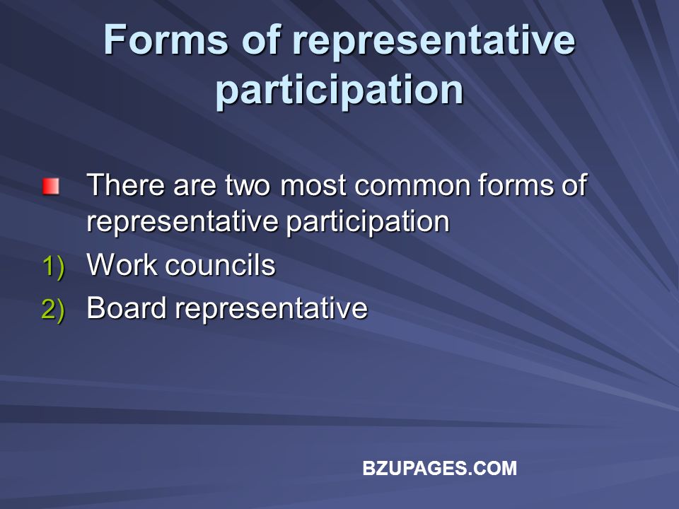 BZUPAGES.COM Forms of representative participation There are two most common forms of representative participation 1) Work councils 2) Board representative