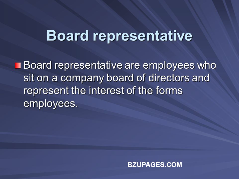 BZUPAGES.COM Board representative Board representative are employees who sit on a company board of directors and represent the interest of the forms employees.