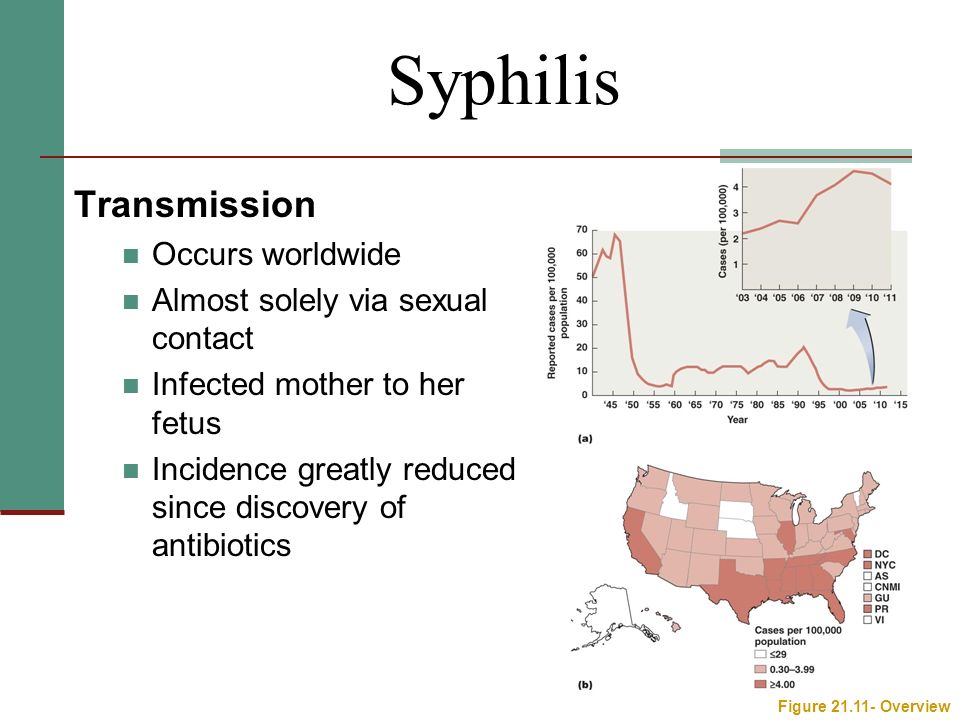 Transmission Occurs worldwide Almost solely via sexual contact Infected mother to her fetus Incidence greatly reduced since discovery of antibiotics Syphilis Figure Overview