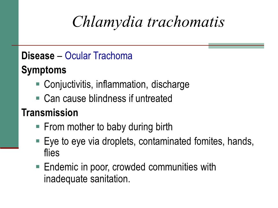 Chlamydia trachomatis Disease – Ocular Trachoma Symptoms  Conjuctivitis, inflammation, discharge  Can cause blindness if untreated Transmission  From mother to baby during birth  Eye to eye via droplets, contaminated fomites, hands, flies  Endemic in poor, crowded communities with inadequate sanitation.