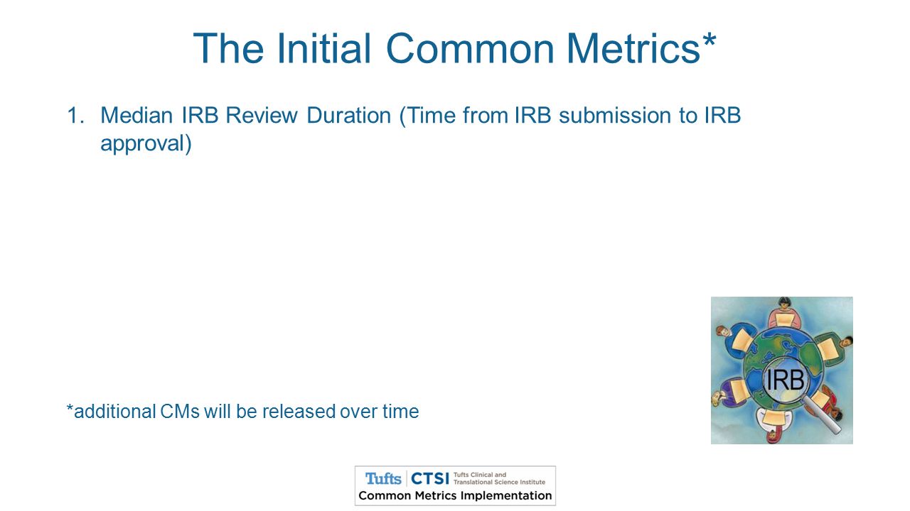 1.Median IRB Review Duration (Time from IRB submission to IRB approval) *additional CMs will be released over time The Initial Common Metrics*