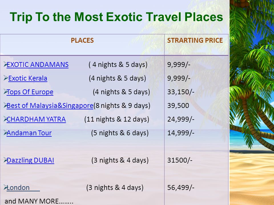 Trip To the Most Exotic Travel Places PLACESSTRARTING PRICE  EXOTIC ANDAMANS ( 4 nights & 5 days) EXOTIC ANDAMANS  Exotic Kerala (4 nights & 5 days)Exotic Kerala  Tops Of Europe (4 nights & 5 days) Tops Of Europe  Best of Malaysia&Singapore(8 nights & 9 days) Best of Malaysia&Singapore  CHARDHAM YATRA (11 nights & 12 days) CHARDHAM YATRA  Andaman Tour (5 nights & 6 days) Andaman Tour  Dazzling DUBAI (3 nights & 4 days) Dazzling DUBAI  London (3 nights & 4 days) and MANY MORE……..