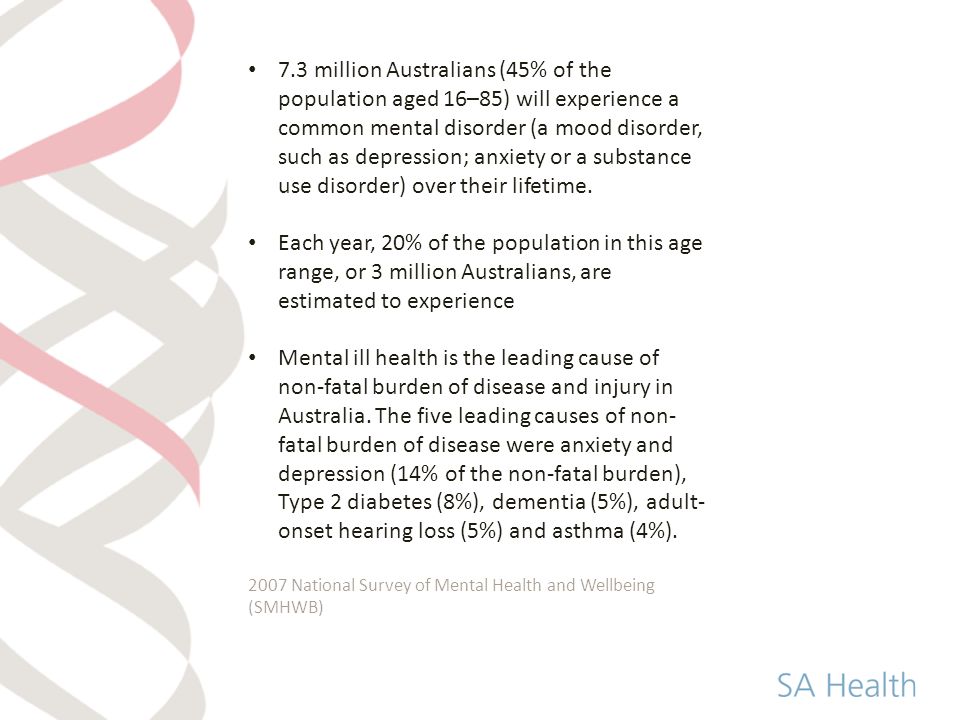 7.3 million Australians (45% of the population aged 16–85) will experience a common mental disorder (a mood disorder, such as depression; anxiety or a substance use disorder) over their lifetime.