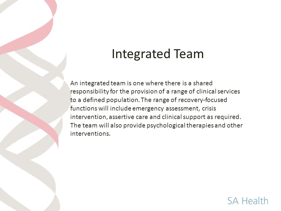 Integrated Team An integrated team is one where there is a shared responsibility for the provision of a range of clinical services to a defined population.