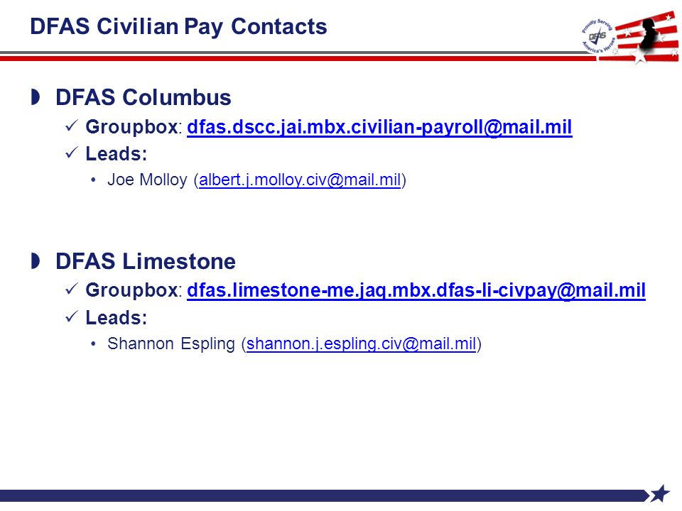 DFAS Civilian Pay Contacts  DFAS Columbus Groupbox: Leads: Joe Molloy  DFAS Limestone Groupbox: Leads: Shannon Espling