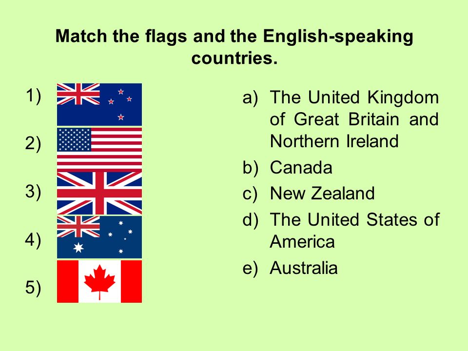 ENGLISH-SPEAKING COUNTRIES. Match the flags and the English-speaking  countries. 1) 2) 3) 4) 5) a)The United Kingdom of Great Britain and  Northern Ireland. - ppt download