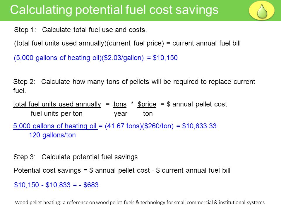Calculating potential fuel cost savings Wood pellet heating: a reference on wood pellet fuels & technology for small commercial & institutional systems Step 1: Calculate total fuel use and costs.