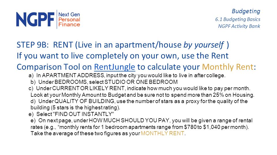 Budgeting 6 1 Budgeting Basics Ngpf Activity Bank A Salary Based Budget In This Activity You Will Choose A Potential Career Path Determine Your Take Home Ppt Download