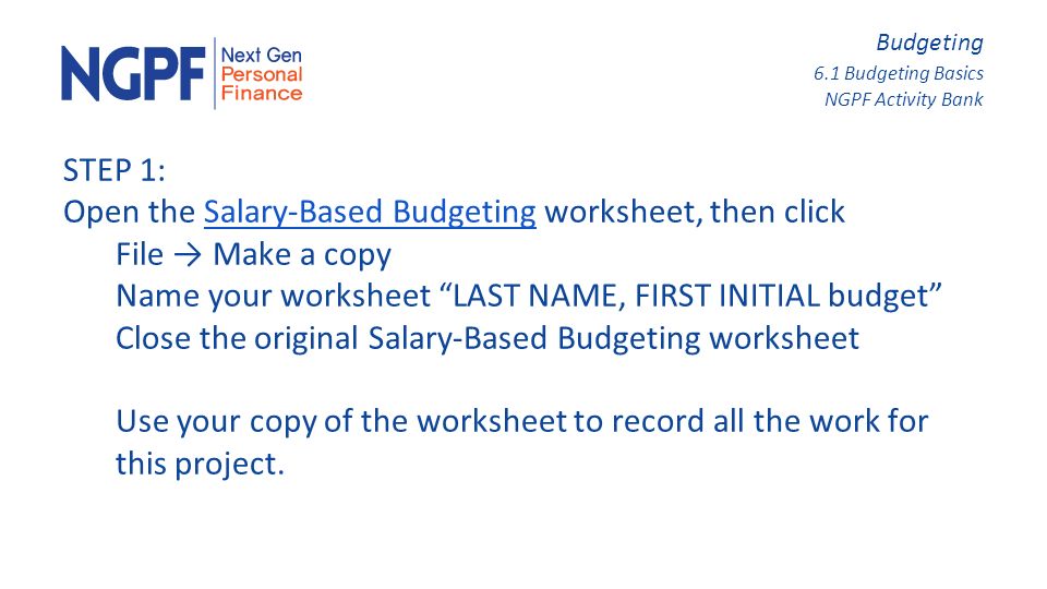Budgeting 6 1 Budgeting Basics Ngpf Activity Bank A Salary Based Budget In This Activity You Will Choose A Potential Career Path Determine Your Take Home Ppt Download