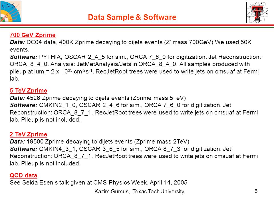 Kazim Gumus, Texas Tech University 5 Data Sample & Software 700 GeV Zprime Data: DC04 data, 400K Zprime decaying to dijets events (Z’ mass 700GeV) We used 50K events.