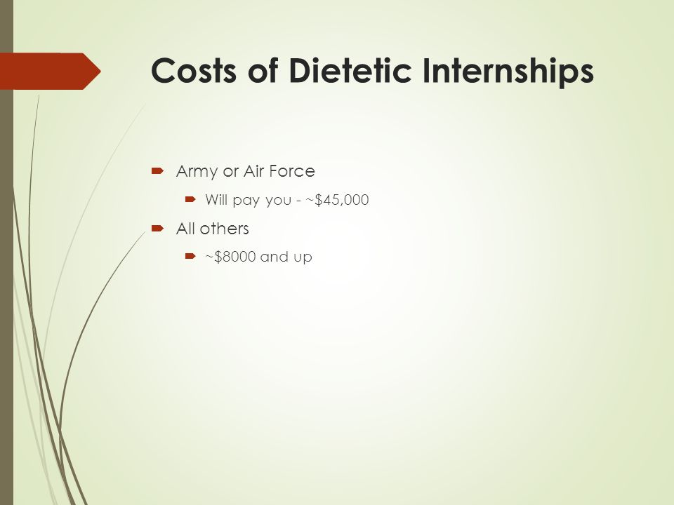 Costs of Dietetic Internships  Army or Air Force  Will pay you - ~$45,000  All others  ~$8000 and up