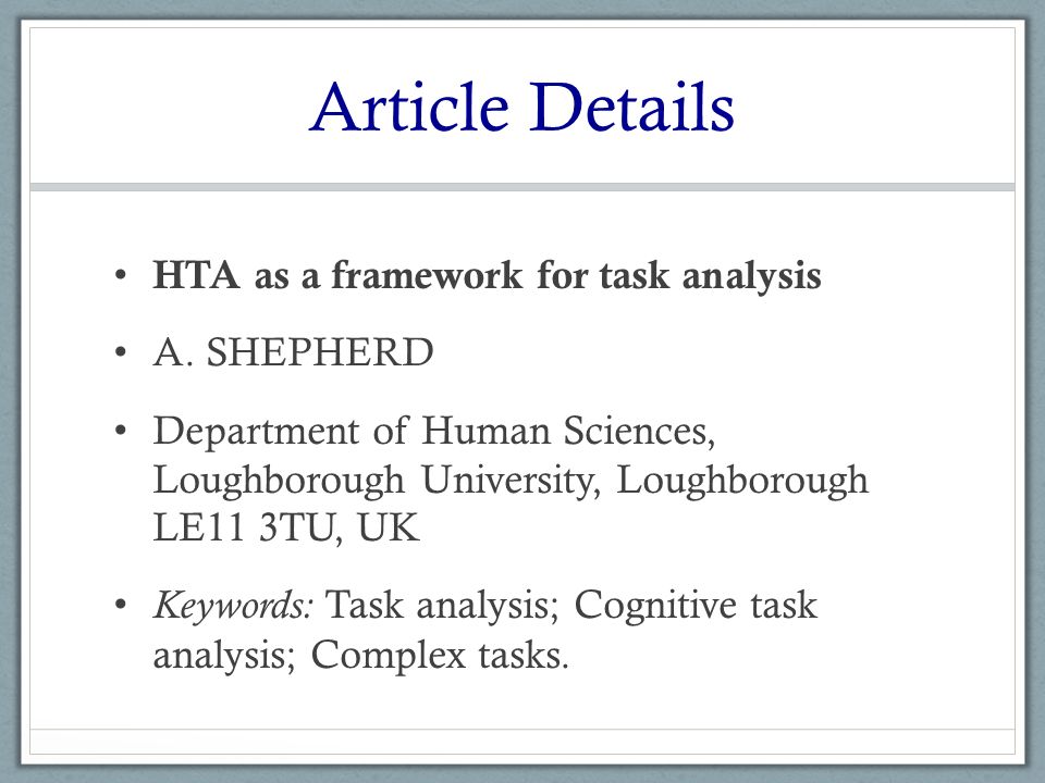 Hta As A Framework For Task Analysis A Review By Andrew Wright 2 8 16 Ppt Download