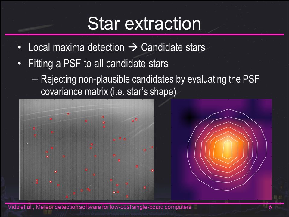 Star extraction Local maxima detection  Candidate stars Fitting a PSF to all candidate stars – Rejecting non-plausible candidates by evaluating the PSF covariance matrix (i.e.