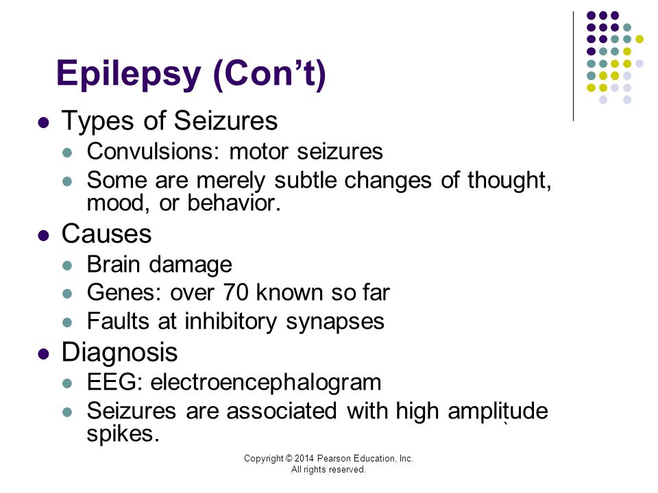 Epilepsy (Con’t) Types of Seizures Convulsions: motor seizures Some are merely subtle changes of thought, mood, or behavior.