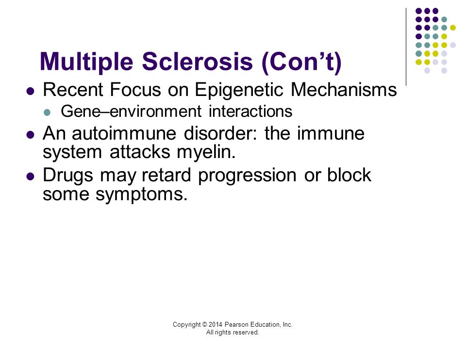Multiple Sclerosis (Con’t) Recent Focus on Epigenetic Mechanisms Gene–environment interactions An autoimmune disorder: the immune system attacks myelin.