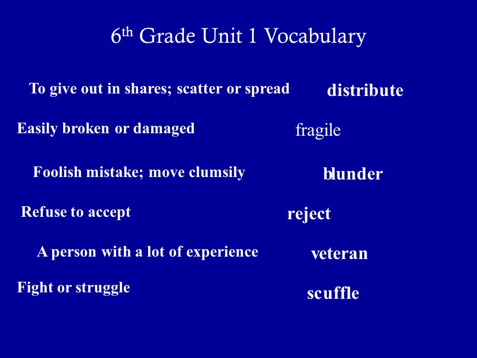Vocabulary Unit 1 6 th Grade blunder cancel continuous distribute