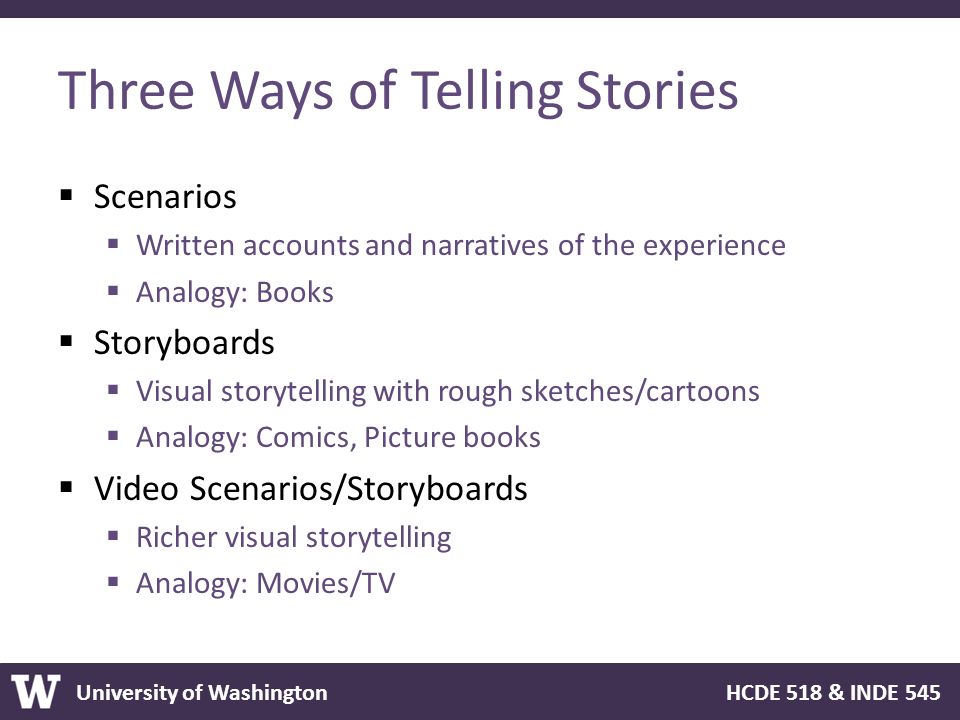 University of Washington HCDE 518 & INDE 545 Three Ways of Telling Stories  Scenarios  Written accounts and narratives of the experience  Analogy: Books  Storyboards  Visual storytelling with rough sketches/cartoons  Analogy: Comics, Picture books  Video Scenarios/Storyboards  Richer visual storytelling  Analogy: Movies/TV