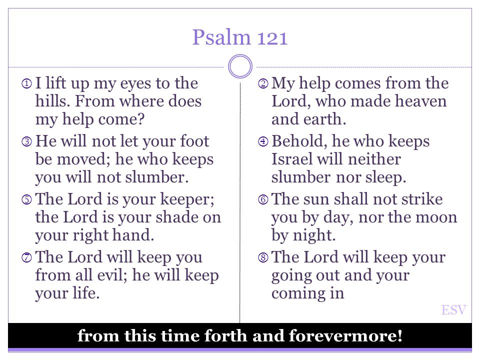 Psalm 121  I lift up my eyes to the hills. From where does my help come.