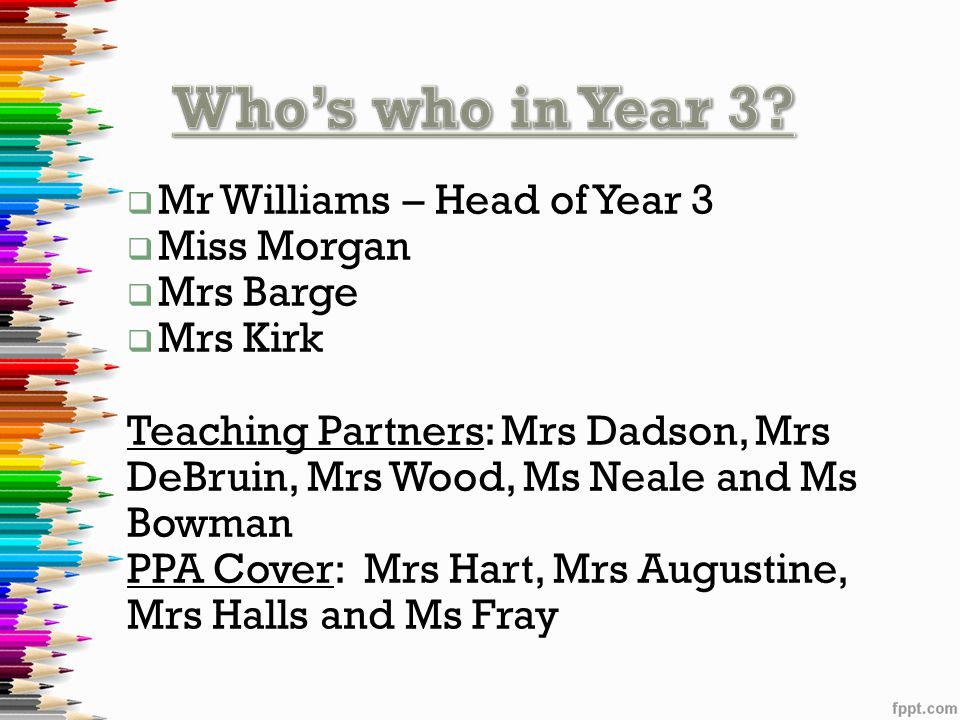  Mr Williams – Head of Year 3  Miss Morgan  Mrs Barge  Mrs Kirk Teaching Partners: Mrs Dadson, Mrs DeBruin, Mrs Wood, Ms Neale and Ms Bowman PPA Cover: Mrs Hart, Mrs Augustine, Mrs Halls and Ms Fray