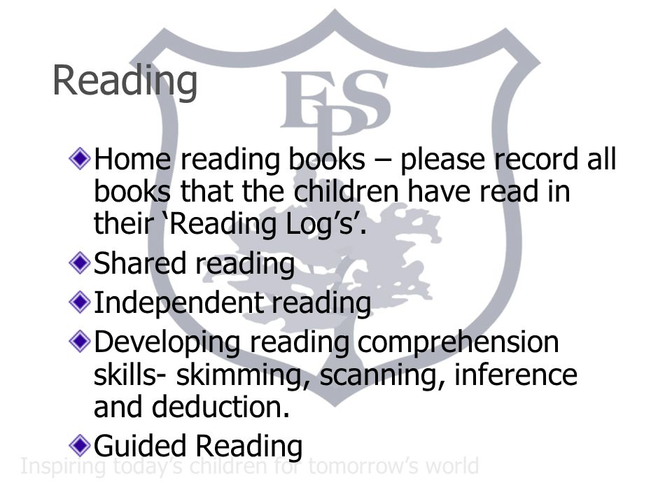 Inspiring today’s children for tomorrow’s world Reading Home reading books – please record all books that the children have read in their ‘Reading Log’s’.