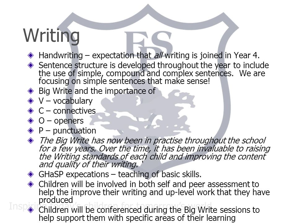 Inspiring today’s children for tomorrow’s world Writing Handwriting – expectation that all writing is joined in Year 4.
