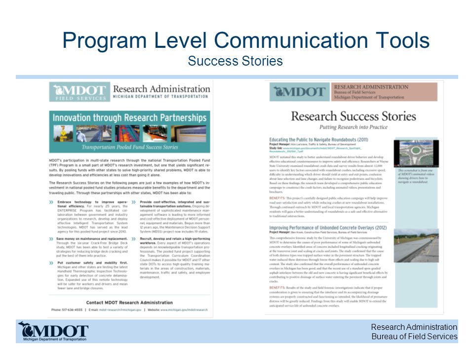 Research Administration Bureau of Field Services Program Level Communication Tools Success Stories