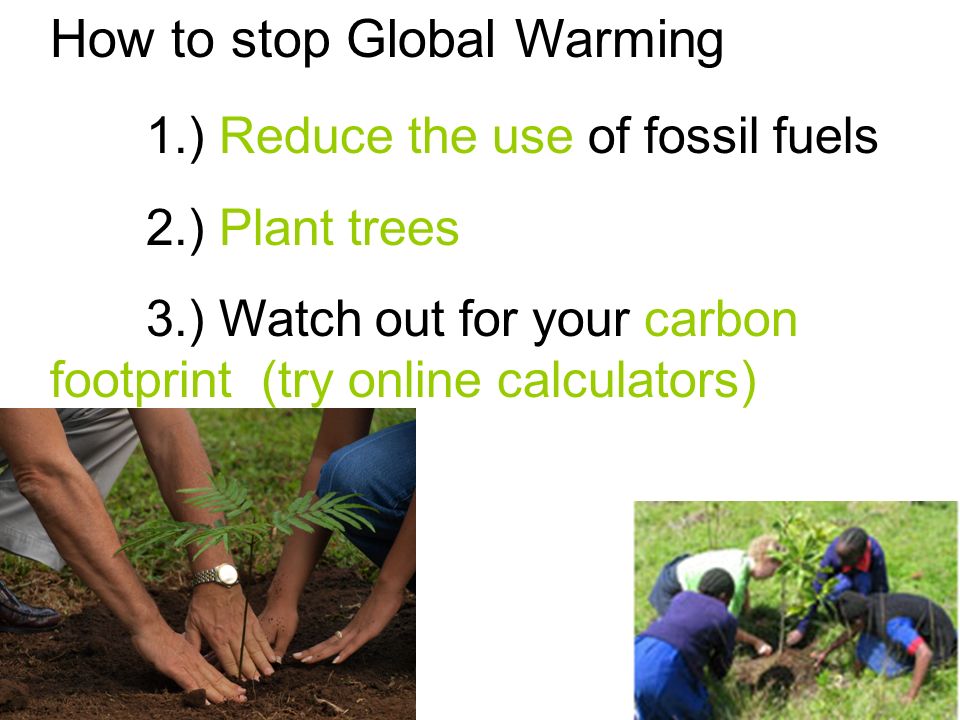 How to stop Global Warming 1.) Reduce the use of fossil fuels 2.) Plant trees 3.) Watch out for your carbon footprint (try online calculators)