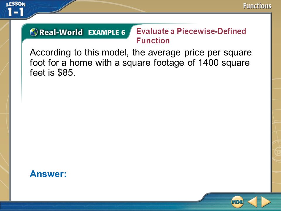 Example 6 Answer: Evaluate a Piecewise-Defined Function According to this model, the average price per square foot for a home with a square footage of 1400 square feet is $85.