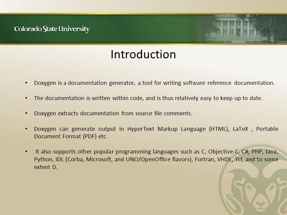 Problem Solving With C++ Doxygen Oct/Nov Introduction Doxygen is a  documentation generator, a tool for writing software reference  documentation. - ppt download