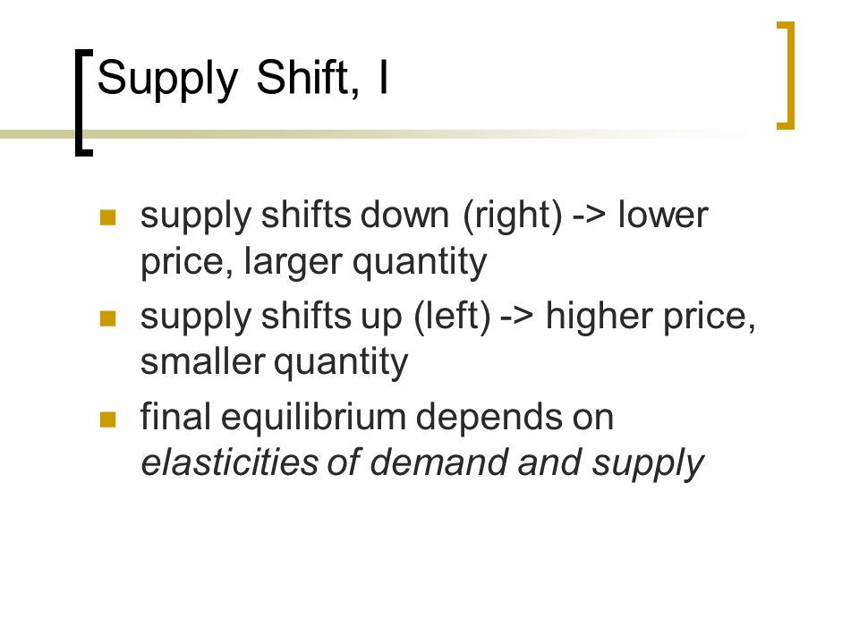 Supply Shift, I supply shifts down (right) -> lower price, larger quantity supply shifts up (left) -> higher price, smaller quantity final equilibrium depends on elasticities of demand and supply