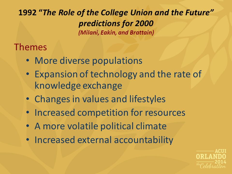 1992 The Role of the College Union and the Future predictions for 2000 (Milani, Eakin, and Brattain) Themes More diverse populations Expansion of technology and the rate of knowledge exchange Changes in values and lifestyles Increased competition for resources A more volatile political climate Increased external accountability